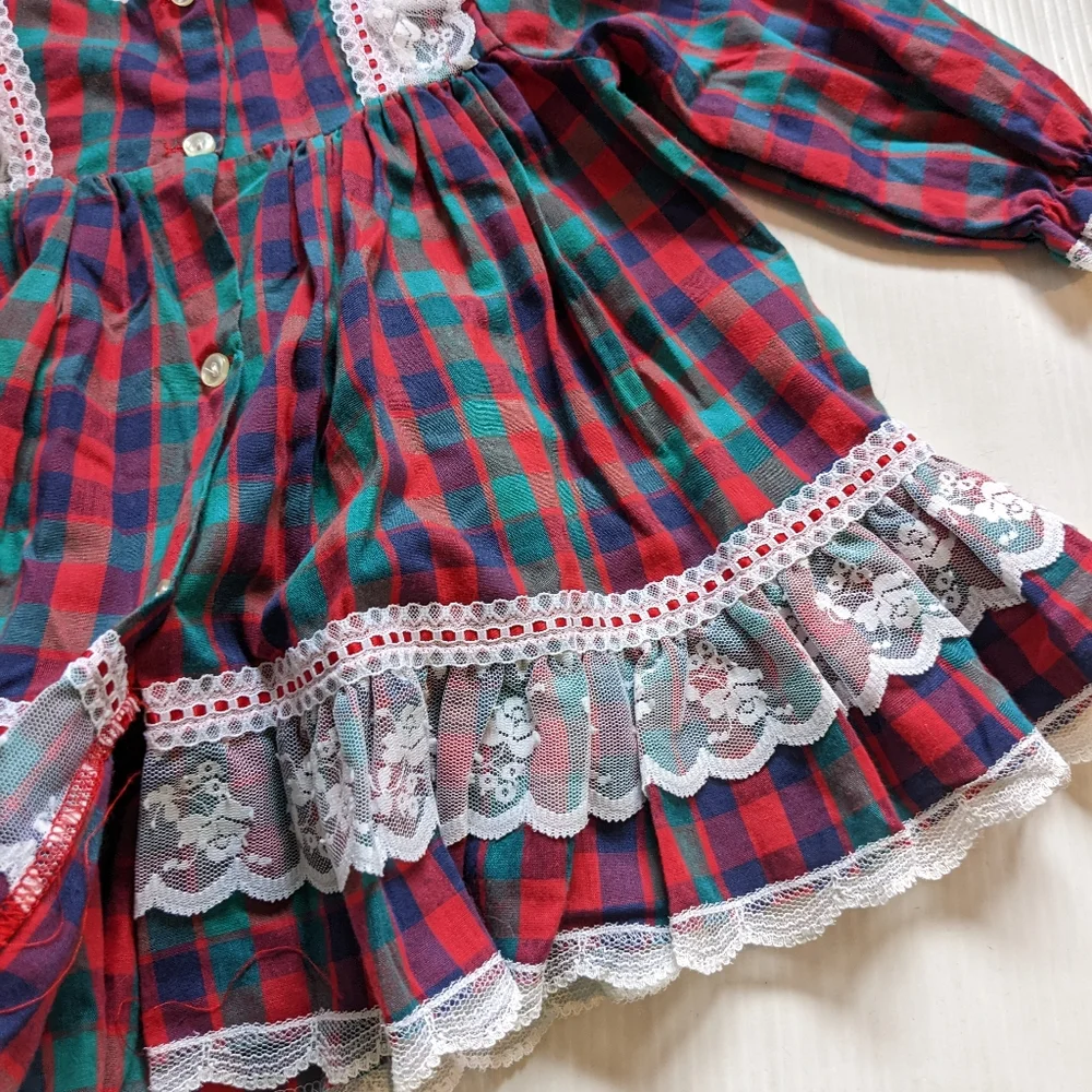 VINTAGE Bryan red plaid ruffles and lace full circle skirt girls dress 2t